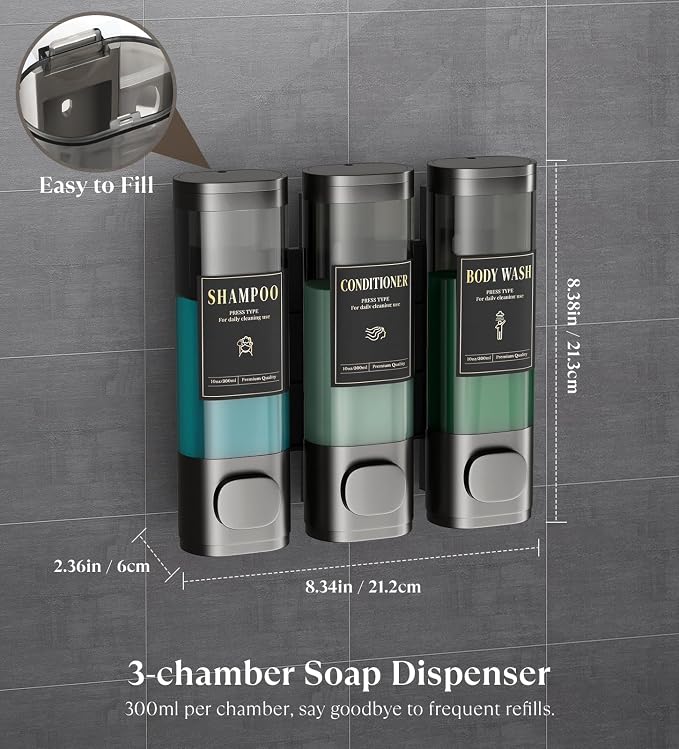 Luxspire Shampoo and Conditioner Dispenser, Shower Soap Dispenser 3-Chamber | Lockable Large Capacity 900ml No-Drill Wall-Mounted Shampoo and Body Wash Dispenser for Bathroom Hotel Kitchen Airbnb