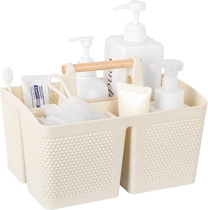 rejomiik Portable Shower Caddy Basket Plastic Cleaning Caddy Organizer Storage Tote with Handle for Bathroom, College, Dorm Room Essentials, Cream