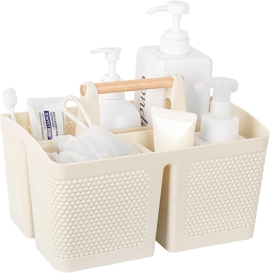 rejomiik Portable Shower Caddy Basket Plastic Cleaning Caddy Organizer Storage Tote with Handle for Bathroom, College, Dorm Room Essentials, Cream