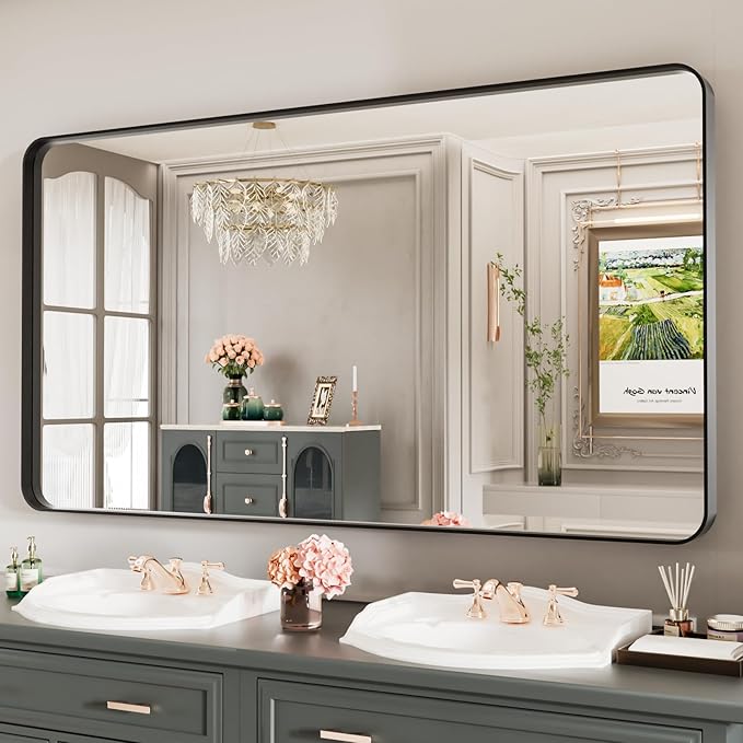 LOAAO Black Metal Framed Bathroom Mirror for Wall, Large 55X30 Inch Rounded Rectangle Mirror, Matte Black Bathroom Vanity Mirror Farmhouse, Anti-Rust, Tempered Glass, Hangs Horizontally or Vertically | Rounded Rectangle, Matte Black Bathroom Vanity Mir...
