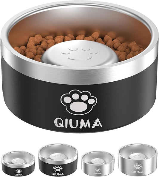 Qiuma Slow Feeder Dog Bowls Stainless Steel, Food-Grade 304 Dog Slow Feeder Bowl 3.5 Cups Capacity, Heavy Duty Double-Layer with Non-Slip Base, Pet Puzzle Bowl for Medium & Large Dogs (Black)