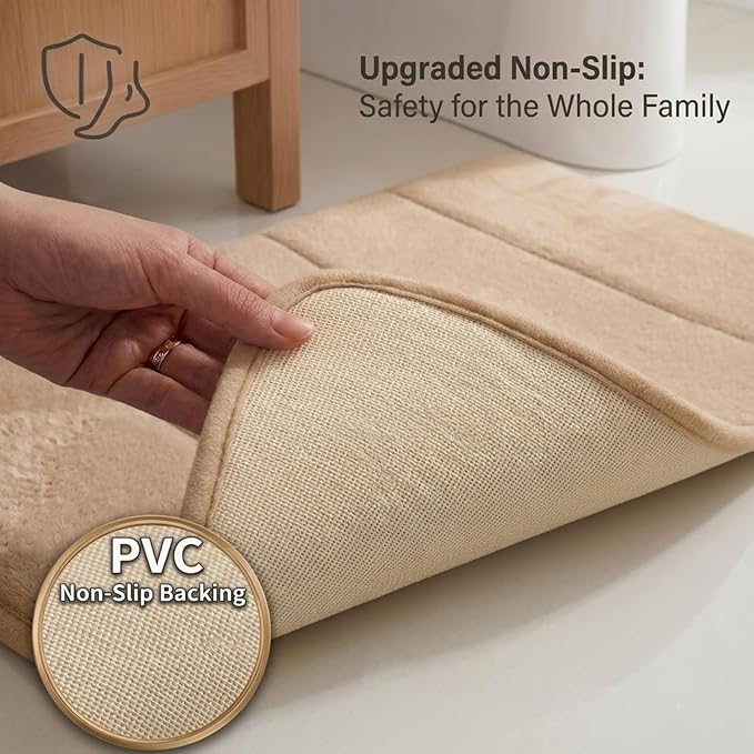 Memory Foam Bathroom Rugs Sets 2 Piece - Super Soft Absorbent Quick Dry Memory Foam Bathroom Rugs, Machine Washable Non Slip Floor Carpet for Tub Shower & Single Sink 32"x20"+24"x16"(Beige)