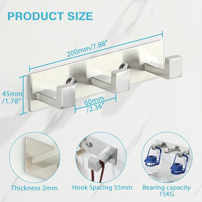 Alise Coat Hooks Wall Mount,Hat and Coat Rack with 3 Hooks Wall Mount Key Hooks for Robes,Bags,Keys,and Towels,SUS304 Stainless Steel Wall Hooks for Hanging,Self Adhesive or Drilling,Brushed