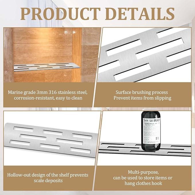 Rectangular Shelf for 12 Inch Tile Prefabricated Niches, Shower Niche Shelf with Brushed 316 Stainless Steel Finish, Fits 1/8 inch Grout Lines Shower Niche Insert
