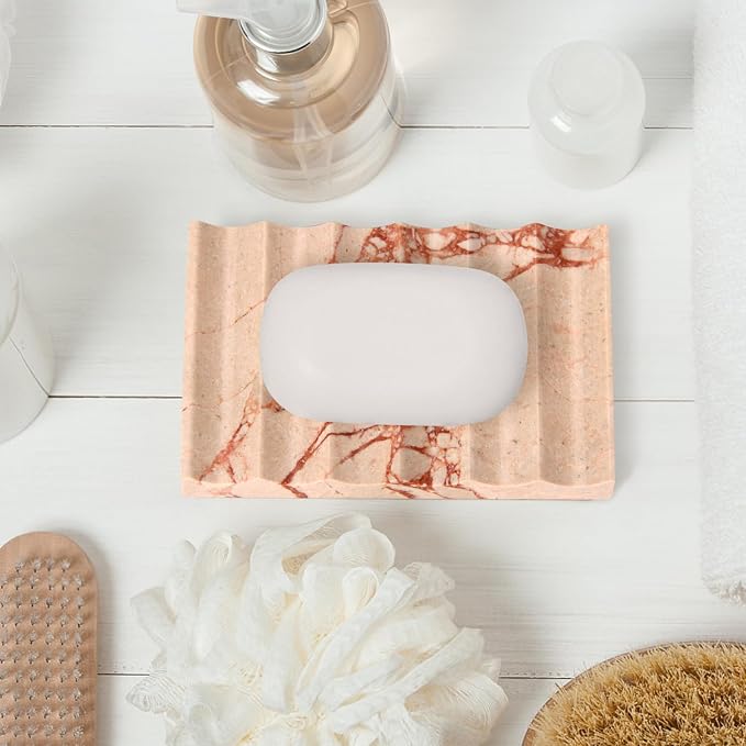Luxury Marble Soap Dish Tray,Rectangle Stone Marble Soap Tray,Self Draining Soap Holder for Bathroom, Kitchen (Pink)