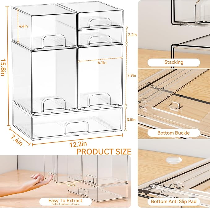 Yieach 6 Set Clear Baby Bottle Organizer for Countertop,BPA FREE Bottle Station Organizer for Breast Pump Parts,Pacifier and Baby Accessories,Stackable Drawers for Bathroom,Cabinet,Pantry Organization