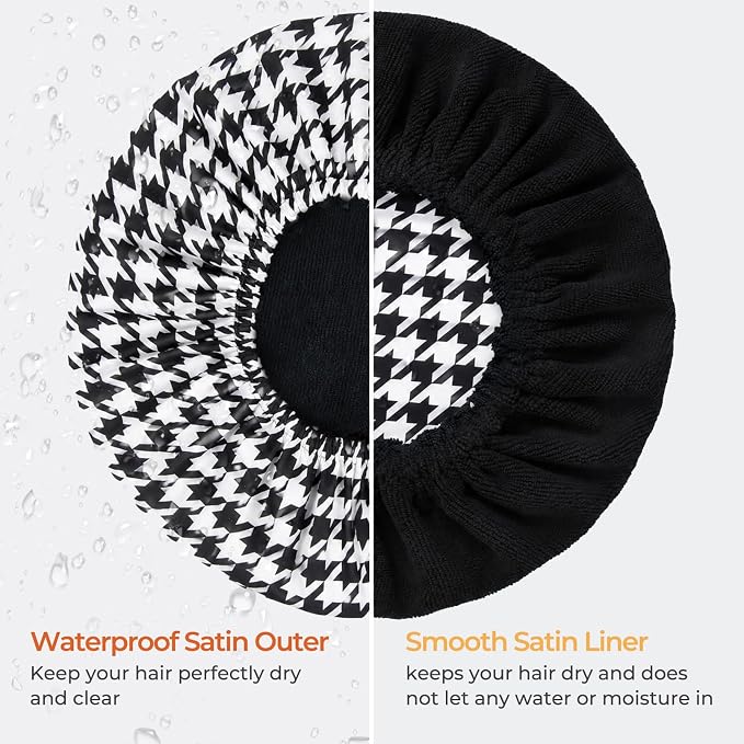 Shower Cap for Women Terry Lined Bath Cap Large Reusable Waterproof Elastic Black Houndstooth Shower Caps for Long Thick Hair Soft Bath Shower Hair Caps