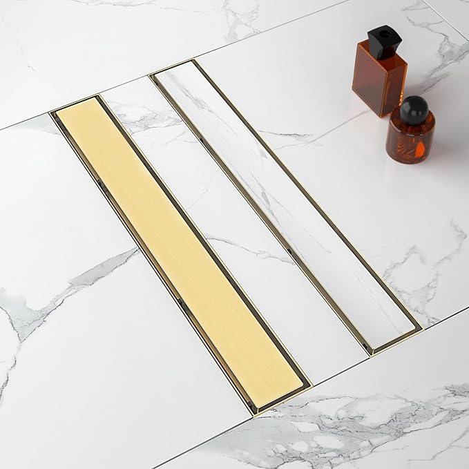 36-Inch Linear Shower Drain with Tile Insert Grate, SUS 304 Stainless Steel Linear Drain, Brushed Gold Long Rectangle Shower Floor Drain with Leveling Feet, Hair Strainer, Fits Bathroom