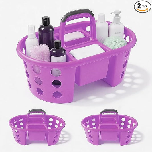 SIMPLYKLEEN Large Shower Caddy Portable 2PC - Made in USA Plastic Jumbo Size Dorm Storage Candy Tote with Handle Shower Organizer for Bathroom, Pantry, Kitchen, College Dorm, Purple