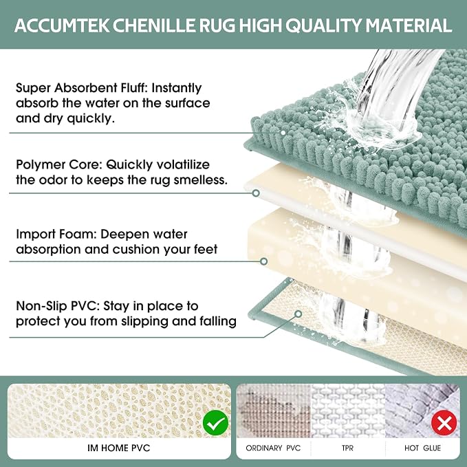 ACCUMTEK Upgrade Extra Eggshell Blue Bathroom Rug Set 3 Pieces Ultra Soft, Thick Absorbent Bath Mats, Non Slip Chenille Toilet Mat for Bathroom, Bedroom, Kitchen
