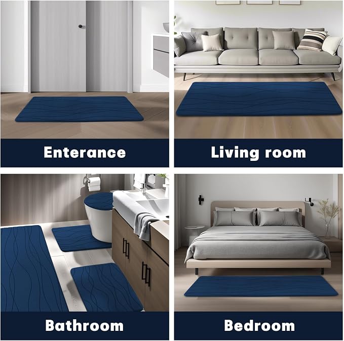 Bathroom Rugs Set 5 Piece, Memory Foam Bath Mat Navy Blue | Ultra Soft, Absorbent, Non-Slip, Machine Washable, for Bathroom, Sink and Toilet