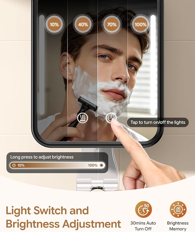 Gospire Heated Shower Mirror with Light Fogless Mirror for Shaving 2026New | 5000mAh Rechargeable Battery, Detachable Suction Cup, Razor Holder for Wall, NO-Drilling, Waterproof for Bathroom