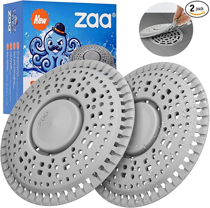 Shower Drain Hair Catcher Silicone Flat Floor Strainer Protector | 2 Pack Gray Weighted Flat Shower Drain Protectors, Traps Hair Before Clogs, Easy to Clean in Seconds, Fits Flat Floor Drains