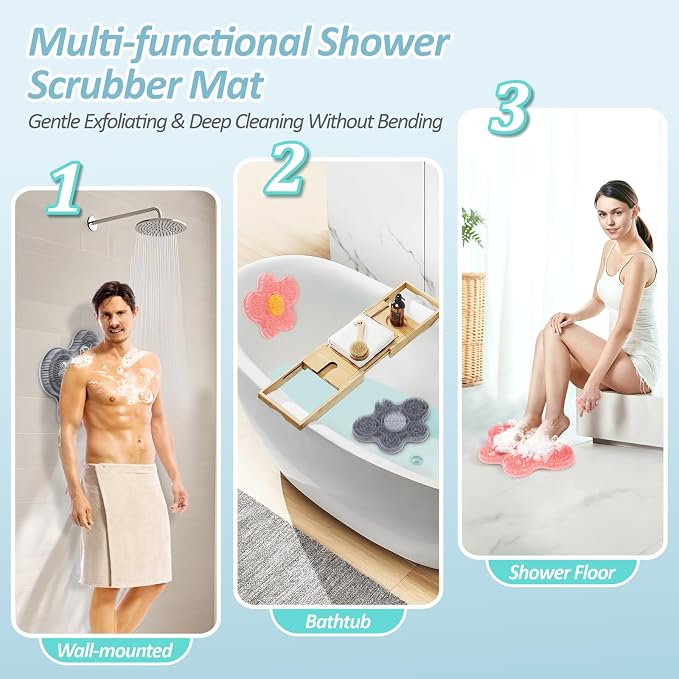 Upgrade Silicone Shower Foot Scrubber Mat & Silicone Bath Brush Set, Large Wall-Mounted Back Scrubber Back Washer to Clean, Exfoliate and Massage Without Bending(Gray+Soft Brush)