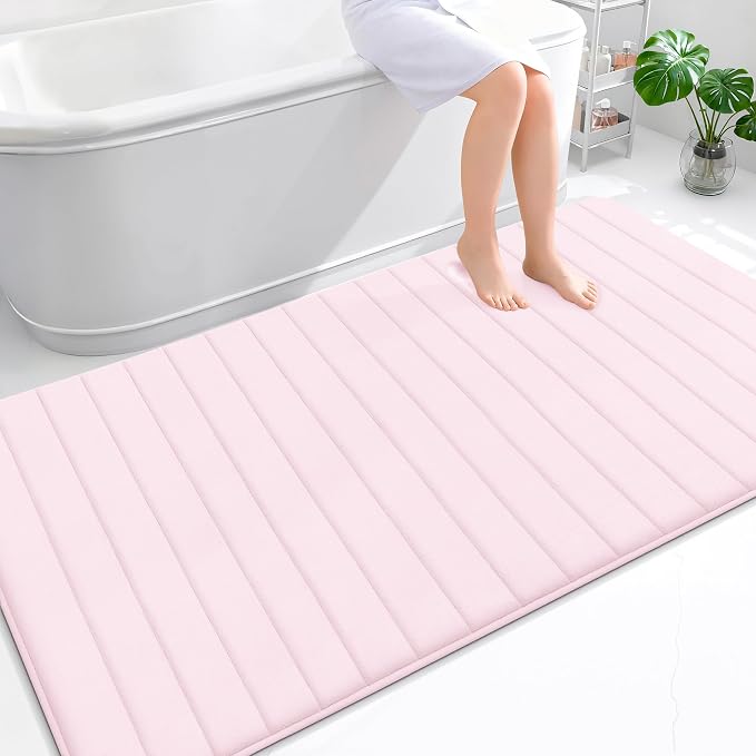 OLANLY Memory Foam Large Bath Mat 70x46, Super Soft Absorbent Bathroom Rugs | Pink, Quick Dry Bath Rug, Machine Washable Shower Floor Mats, Bathmat Carpet for Bathroom Floor, Tub and Shower