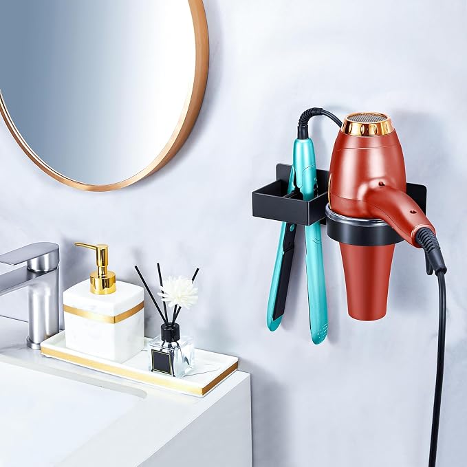 Hair Dryer Holder Wall Mounted, Hair Straightener Holder, Blow Dryer Holder Adhesive, Hair Tool Organizer for Flat Iron, Hairdryer, Curling Iron Holder for Bathroom Vanity Barber Shop (Black)