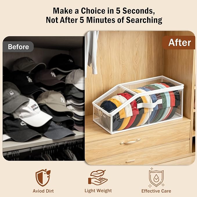 Clear Hat Organizer– Stackable Transparent Hat Display Case with Zipper Closure 2PCS– Space-Saving Protective Unit for Baseball Caps & Accessories White Trim