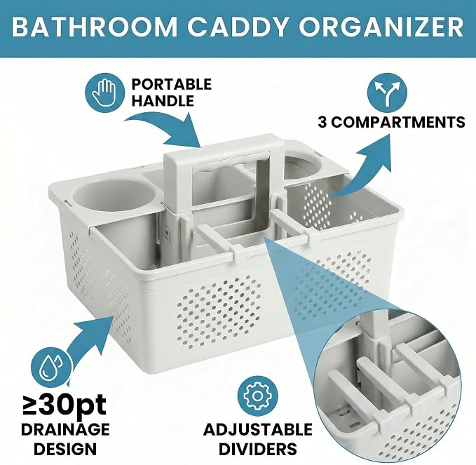 KMV Dorm Room Portable Shower Caddy with Adjustable Compartments - Ventilated Drainage Design with Handles, Perfect Toiletries Organizer for College Dorms-gray