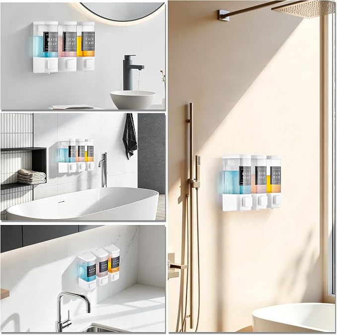 Shampoo and Conditioner Dispenser for Shower, 3 Chamber, White | Wall Mounted, No Drill, 3×16.9oz, ABS Plastic Material, Refillable With Labels, For Bathroom Hotel