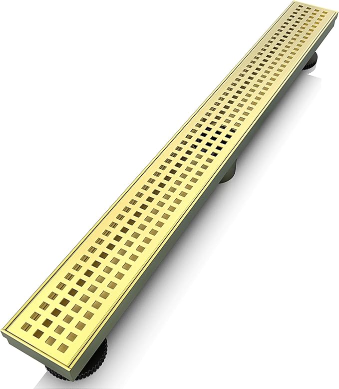 WEBANG 36 Inch Linear Shower Drain Rectangular Floor Drain with Accessories Square Hole Pattern Cover Grate Removable SUS304 Stainless Steel CUPC Certified Brushed Gold