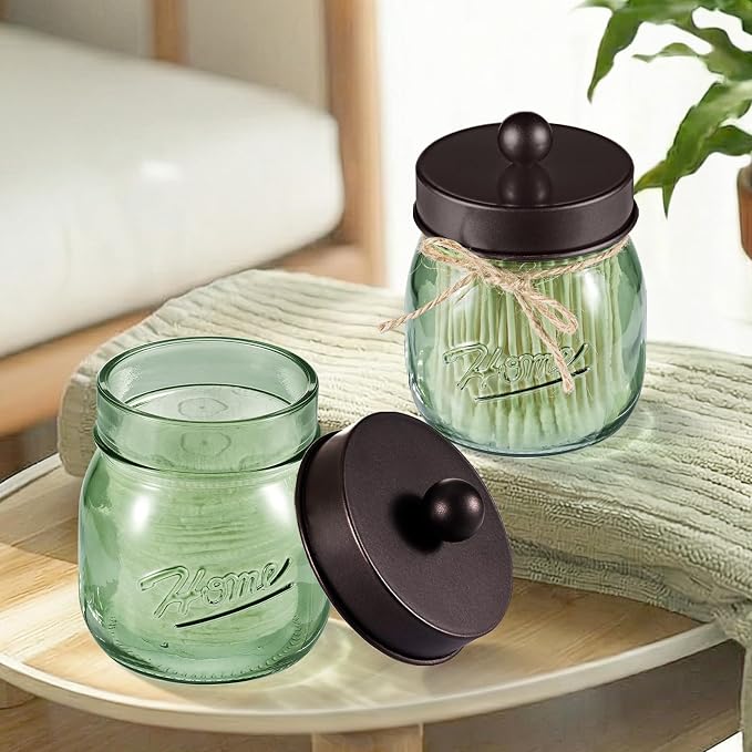 SheeChung 2 Pack Green Glass Mason Jar Qtip Holder Dispenser, Bronze Lids | Apothecary Jar Canisters Set,Stainless Steel Lids,Small Bathroom Jars,Vanity Storage Organizer for Cotton Swab,Ball,Pad,Floss