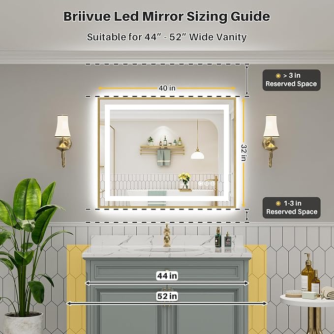 40x32 Inch LED Bathroom Mirror with Gold Frame, Backlit & Front Lit | Anti-fog, 3 Color Dimmable, Memory Function, HD Reflection Tempered Glass, ETL Listed, IP54 Waterproof