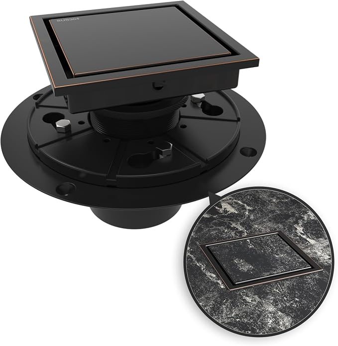 WEBANG 4 Inch Square Shower Drain Bronze Floor Drain with Flange Reversible 2-in-1 Cover Tile Insert Grate Removable SUS304 Stainless Steel CUPC Certified Oil Rubbed Bronze
