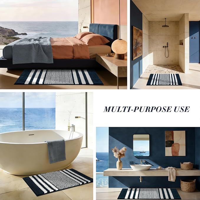 Bathroom Rugs, 20x32 Chenille Bath Mats, Navy Blue | Extra Soft Absorbent, Non Slip Striped, Quick Dry Machine Washable, Modern, Shower Rug for Bathroom Bedroom Decor