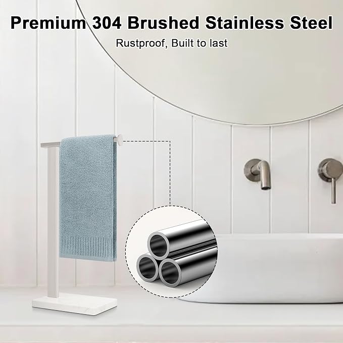 Hand Towel Holder Stand, 14.5" Hand Towel Rack with Weighted Marble Base, 304 Stainless Steel L-Shape Standing Towel Bar for Vanity Bathroom Kitchen Countertop (Brushed Nickel)