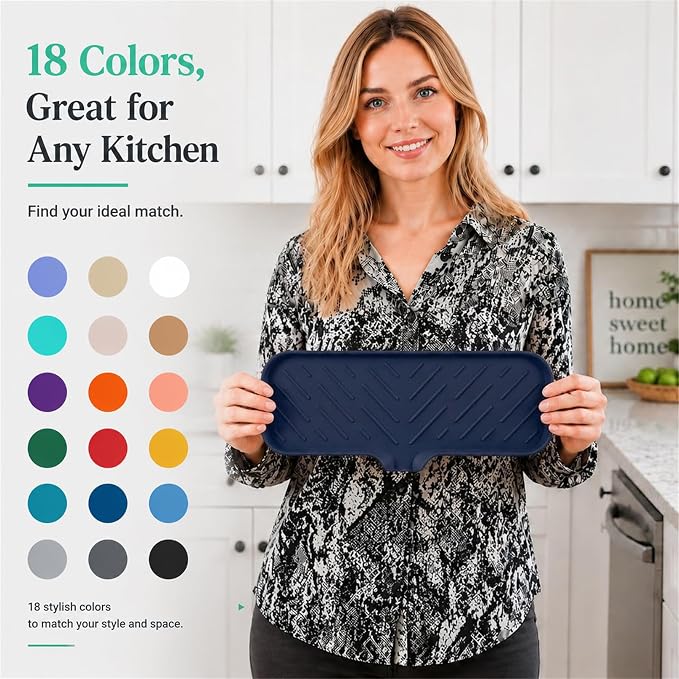 MicoYang Silicone Soap Dish with Drain Spout — Self-Draining Double Sink Organizer Tray for Kitchen & Bathroom, Dispensers, Sponges & Soap Holder, Non-Slip & Dishwasher Safe, Navy Blue (Large, 12"×4")