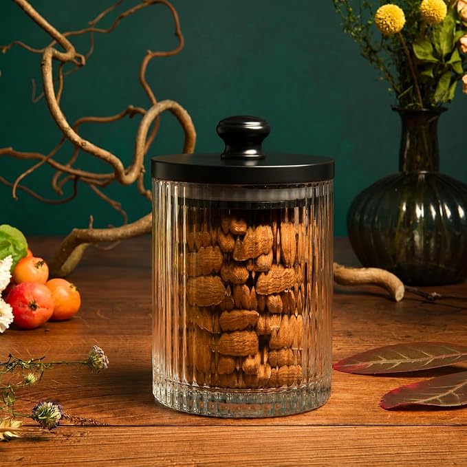 Mason & Fable Ribbed Glass Bathroom Jars | Set of 2 Farmhouse Style Storage Canister with Airtight Black Wooden Lids | Cotton Pad/Swab/Q tip Holder/Bath Salt/Clear Vanity