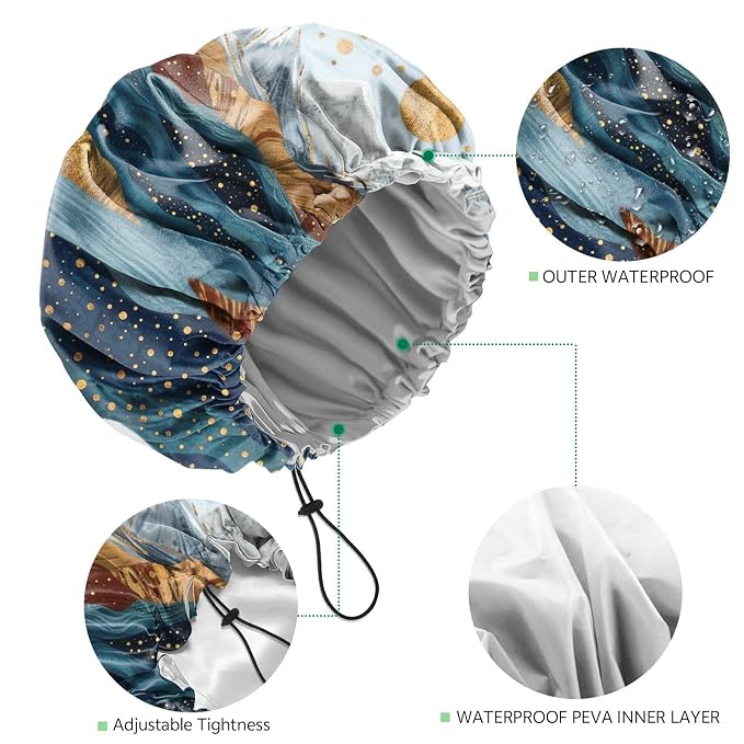 2 PCS Shower Cap Waterproof Double Layer Elastic Adjustable Reusable Hair Bath Caps for Girls Women Cute Aesthetic-Blue
