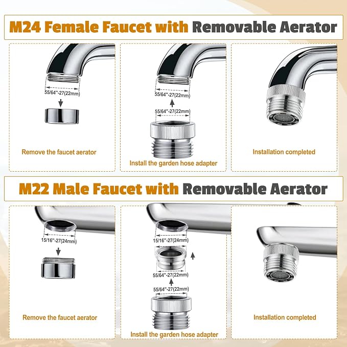 Faucet Adapter with Aerator Faucet to Hose Adapter, Faucet Adapter to Garden Hose Attachment for Sink Faucet to Garden Hose Adapter 3/4" GHT Thread Chrome