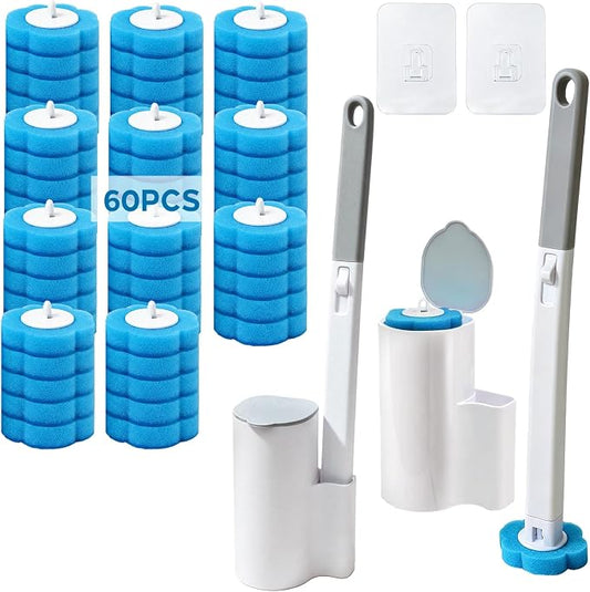 DRQ 2 Pack Disposable Toilet Brush and Holder Set, 60 Refills | 2 handles, 2 holders, 60 pre-loaded refills, 15.7-inch extended handles, snap-on disposable heads, multi-bathroom set