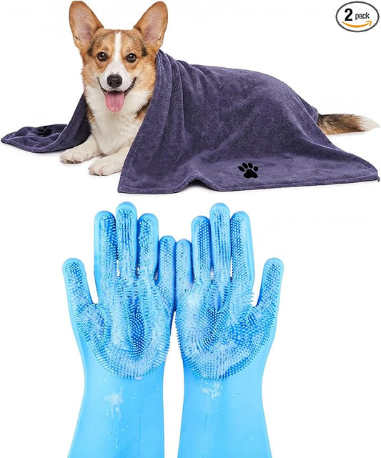 2PCS Dog Bath Supplies, Dog Bath Gloves | Dog Towels 32'' X 16'',Super Absorbent and Soft Pet Grooming Towel, Perfect Shower & Grooming Supplies for Dogs