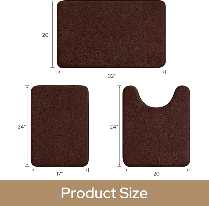 HOMEIDEAS 3 Piece Bathroom Rugs Set, Brown 17"x24"+20"x32"+20"x24" | Memory Foam, Ultra Soft, Super Absorbent Bath Mats, Non Slip Backing, U Shaped Toilet Rug for Bathroom, Tub and Shower