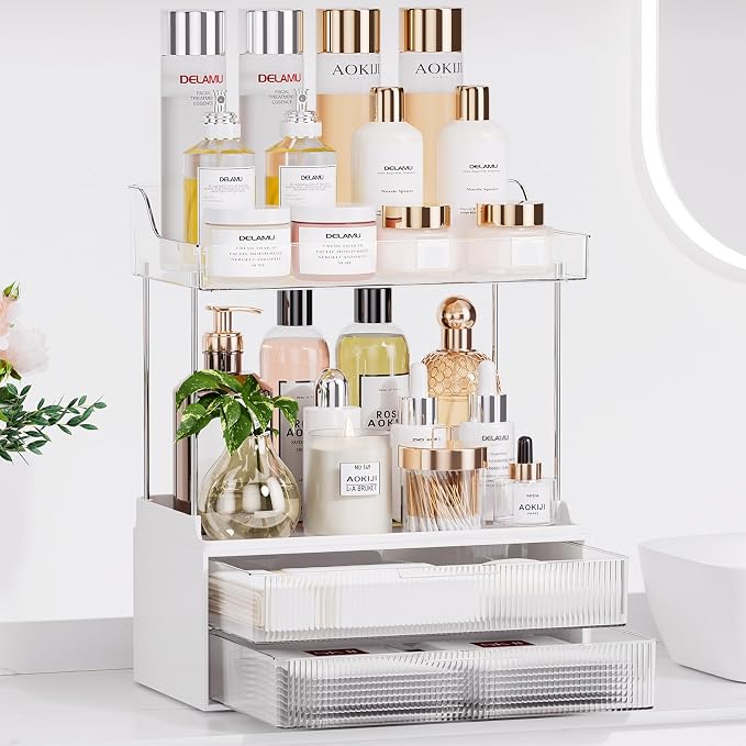Bathroom Counter Organizer, TidyStash 2-Tier 2-Drawer Makeup Organizer Countertop, Easy to Install, Ideal for Bathroom Storage, Vanity, Perfume, Large Skincare Items, Present, and More, Clear