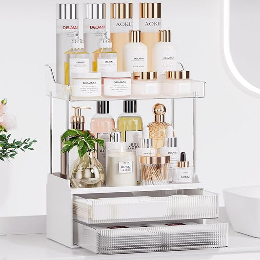 Bathroom Counter Organizer, TidyStash 2-Tier 2-Drawer Makeup Organizer Countertop, Easy to Install, Ideal for Bathroom Storage, Vanity, Perfume, Large Skincare Items, Present, and More, Clear