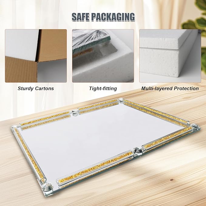 Large Mirror Perfume Tray for Dresser,Crushed Diamond Filled Glass Vanity Tray,Gold Decorative Bathroom Tray,Crystal Tray for Home Decorative,Party,Hotel Banquet,15.7x11.8x1.4inch,Gold
