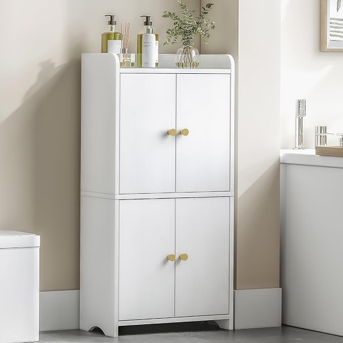HEXCELEN Small Storage Cabinet, Bathroom Storage Cabinet with 4 Doors, Floor Bathroom Organizer Freestanding for Small Spaces, Living Room, Kitchen, Entryway (Modern Minimalism, White)