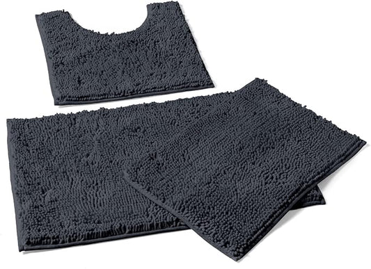 LuxUrux 3-Piece Bathroom Rug Set – Plush Chenille Bath Mats & U-Shaped Toilet Mat, Ultra-Soft, Absorbent & Non-Slip (20x20 U, 16x24 & 20x30 inches, Charcoal)