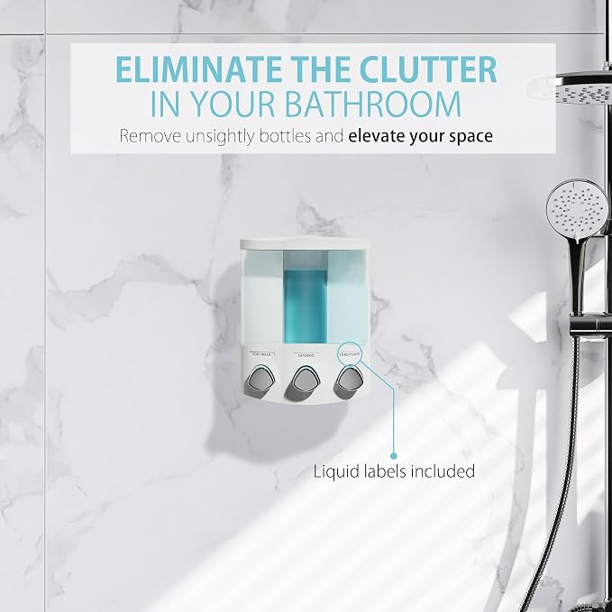 Better Living Products, White 76354 Euro Series TRIO 3-Chamber Soap and Shower Dispenser
