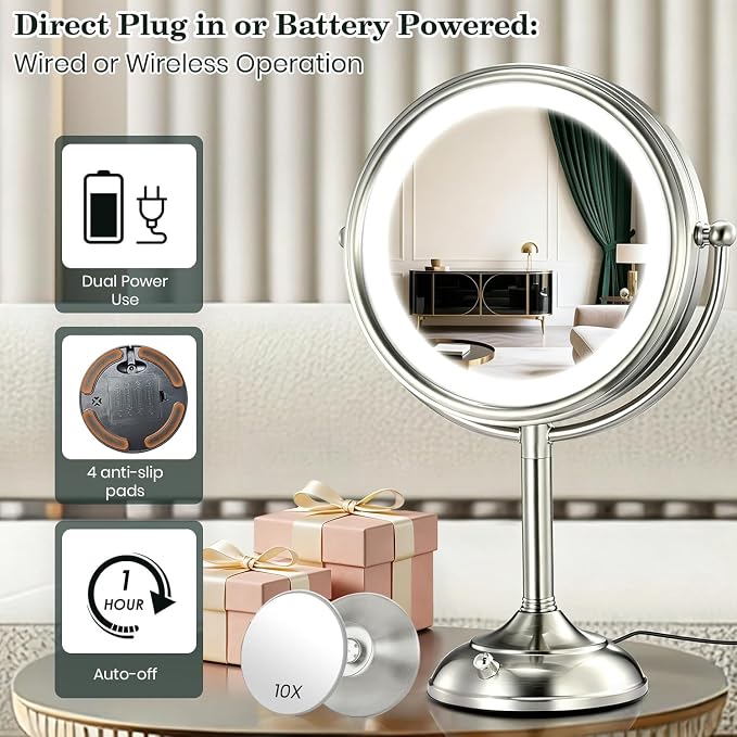 VESAUR 11.8" Extra Large 17" Tall Lighted Makeup Mirror, 1X/5X/10X 3-Sided Magnifying Mirror with 96 LEDs, 3 Color Dimmable Lights, 360° Swivel Dual Power Vanity Mirror, Nickel Finish Luxury Gift Box