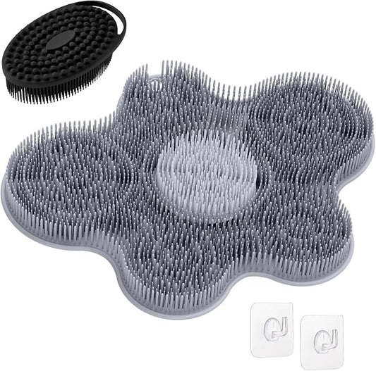 Upgrade Silicone Shower Foot Scrubber Mat & Silicone Bath Brush Set, Large Wall-Mounted Back Scrubber Back Washer to Clean, Exfoliate and Massage Without Bending(Gray+Soft Brush)