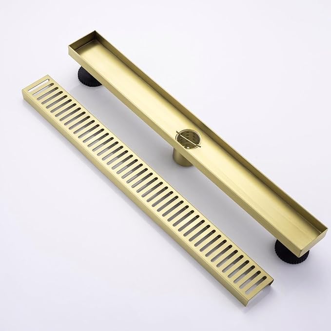 24 Inch Linear Shower Drain Bathroom Kitchen Golden Floor Drain Removable Capsule Pattern Cover Accessories Shower Drain 304 Stainless Steel Drain with Hair Strainer Adjustable Leveling Feet