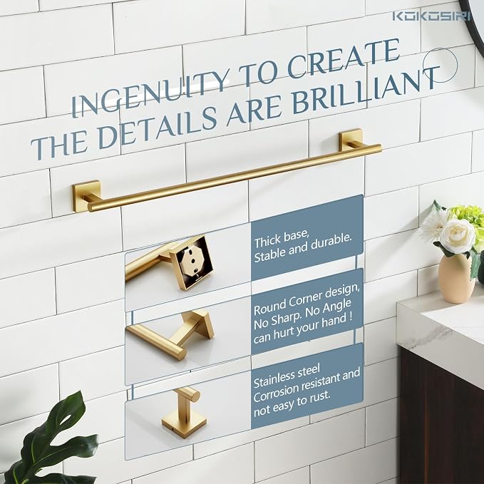 KOKOSIRI Bathroom Towel Bar Bath Towel Holders for Toilet Kitchen Cabinet Wall Mount 24 Inch Brushed Gold Stainless Steel B4005BG-L24