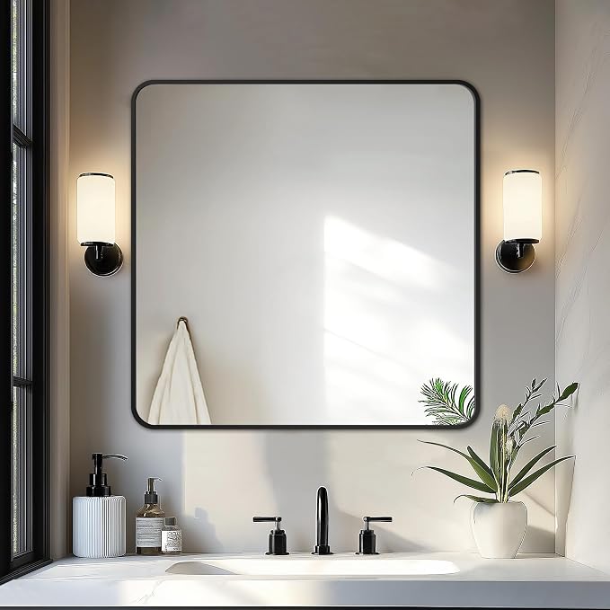 Delma Bathroom Vanity Mirror, Black Framed Mirror for Over Sink, 30x30 | HD glass, distortion-free for makeup and grooming, Sturdy frame, all mounting hardware, hangs horizontal or vertical