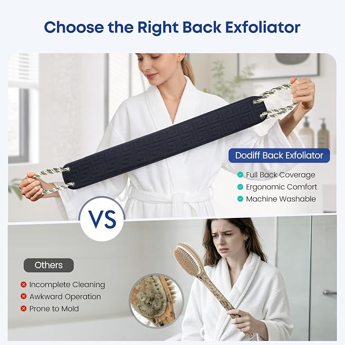 38 Inch Exfoliating Back Scrubber for Shower, Back Washer, Black | Dual Handles Long Bath Exfoliator, Full Back Coverage without Straining, Dual-Sided for Deeper Cleansing, Men & Women Acne