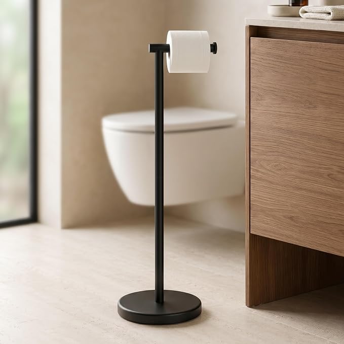 KES 26" H Black Toilet Paper Holder Stand with Weighted Base | 304 Stainless Steel Rustproof, Cement-Filled Base For Extra Stability, Fits Mega Rolls, Tool-Free Assembly, Hardware Included