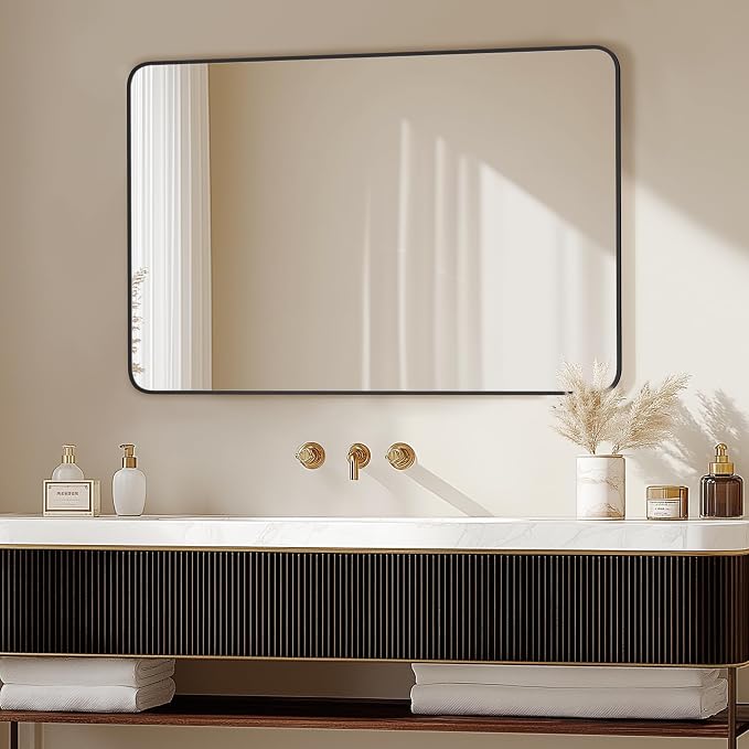 Delma Bathroom Vanity Mirror, Black Framed Mirror for Over Sink, 36x24 | HD glass, distortion-free for makeup and grooming, Sturdy frame, all mounting hardware, hangs horizontal or vertical